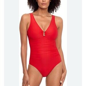 Lauren Ralph Lauren Beach Club Solids Ring One Piece Swimsuit In Red Sz 10 New